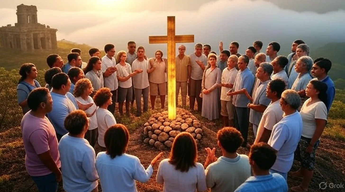 A group of people standing around a cross. AI-generated content may be incorrect.